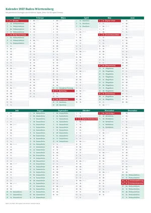 Vorschau: Kalender 2027 Baden-Württemberg, A4 hoch als Excel-Vorlage