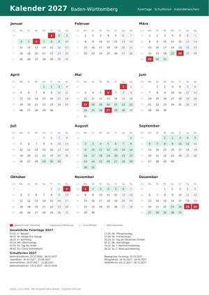 Vorschau: Kalender 2027 Baden-Württemberg, A4 hoch als PDF zum Ausdrucken
