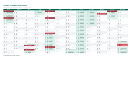 Vorschau: Kalender 2027 Baden-Württemberg, A4 quer als Excel-Vorlage