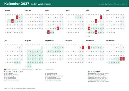 Vorschau: Kalender 2027 Baden-Württemberg, A4 quer als PDF zum Ausdrucken