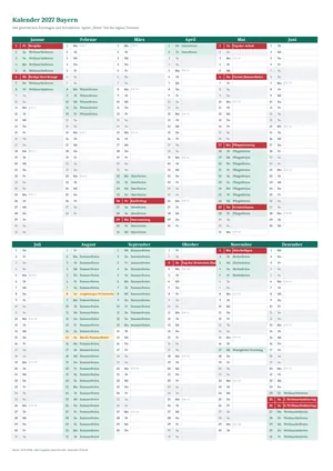 Vorschau: Kalender 2027 Bayern, A4 hoch als Excel-Vorlage