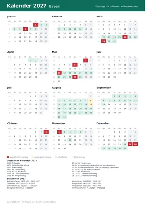 Vorschau: Kalender 2027 Bayern, A4 hoch als PDF zum Ausdrucken