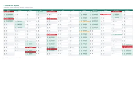 Vorschau: Kalender 2027 Bayern, A4 quer als Excel-Vorlage