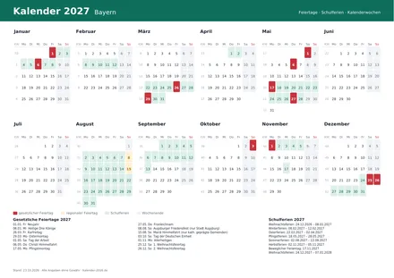 Vorschau: Kalender 2027 Bayern, A4 quer als PDF zum Ausdrucken