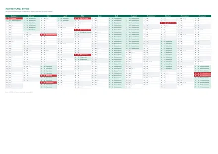 Vorschau: Kalender 2027 Berlin, A4 quer als Excel-Vorlage