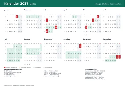 Vorschau: Kalender 2027 Berlin, A4 quer als PDF zum Ausdrucken