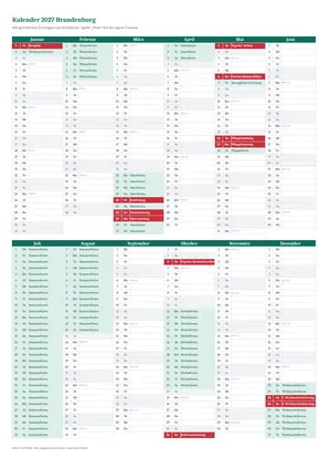 Vorschau: Kalender 2027 Brandenburg, A4 hoch als Excel-Vorlage