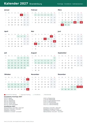 Vorschau: Kalender 2027 Brandenburg, A4 hoch als PDF zum Ausdrucken