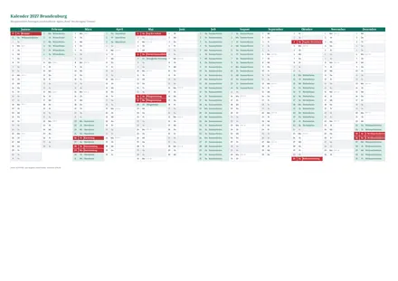 Vorschau: Kalender 2027 Brandenburg, A4 quer als Excel-Vorlage