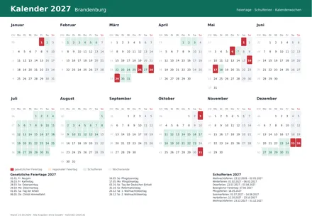 Vorschau: Kalender 2027 Brandenburg, A4 quer als PDF zum Ausdrucken