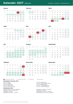 Vorschau: Kalender 2027 Bremen, A4 hoch als PDF zum Ausdrucken
