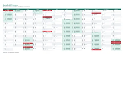 Vorschau: Kalender 2027 Bremen, A4 quer als Excel-Vorlage