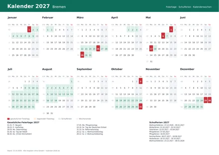 Vorschau: Kalender 2027 Bremen, A4 quer als PDF zum Ausdrucken
