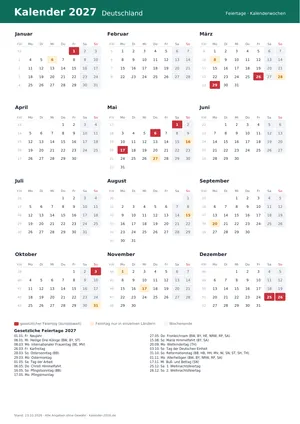 Vorschau: Kalender 2027 Deutschland, A4 hoch als PDF zum Ausdrucken