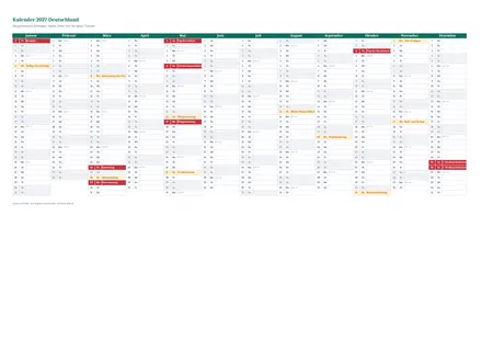 Vorschau: Kalender 2027 Deutschland, A4 quer als Excel-Vorlage