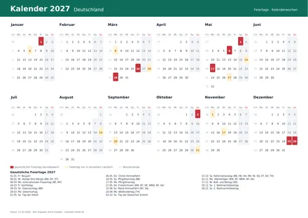 Vorschau: Kalender 2027 Deutschland, A4 quer als PDF zum Ausdrucken