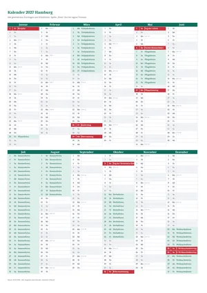 Vorschau: Kalender 2027 Hamburg, A4 hoch als Excel-Vorlage