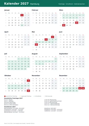 Vorschau: Kalender 2027 Hamburg, A4 hoch als PDF zum Ausdrucken