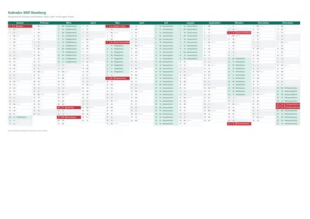 Vorschau: Kalender 2027 Hamburg, A4 quer als Excel-Vorlage
