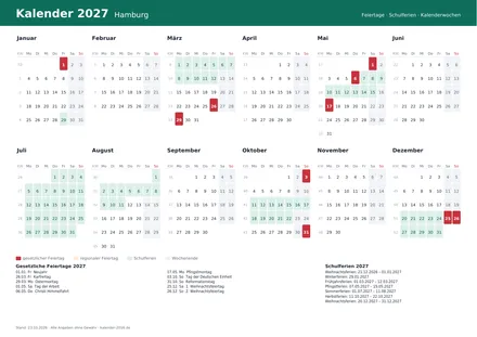 Vorschau: Kalender 2027 Hamburg, A4 quer als PDF zum Ausdrucken