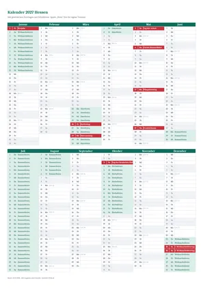 Vorschau: Kalender 2027 Hessen, A4 hoch als Excel-Vorlage