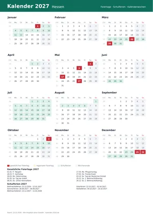 Vorschau: Kalender 2027 Hessen, A4 hoch als PDF zum Ausdrucken