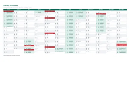 Vorschau: Kalender 2027 Hessen, A4 quer als Excel-Vorlage
