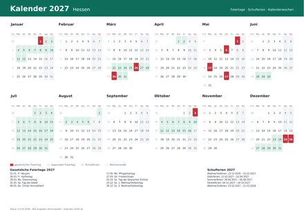Vorschau: Kalender 2027 Hessen, A4 quer als PDF zum Ausdrucken