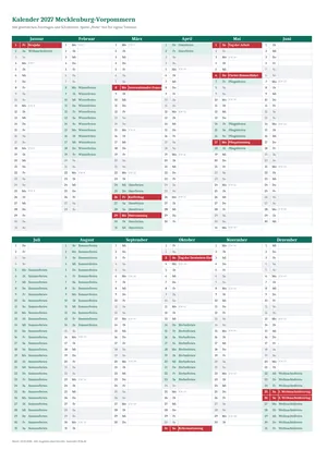 Vorschau: Kalender 2027 Mecklenburg-Vorpommern, A4 hoch als Excel-Vorlage