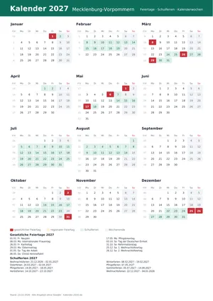 Vorschau: Kalender 2027 Mecklenburg-Vorpommern, A4 hoch als PDF zum Ausdrucken