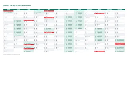 Vorschau: Kalender 2027 Mecklenburg-Vorpommern, A4 quer als Excel-Vorlage