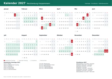Vorschau: Kalender 2027 Mecklenburg-Vorpommern, A4 quer als PDF zum Ausdrucken