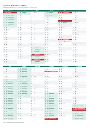 Vorschau: Kalender 2027 Niedersachsen, A4 hoch als Excel-Vorlage