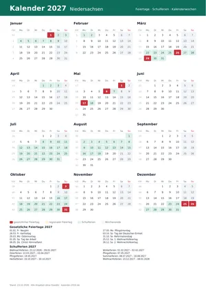 Vorschau: Kalender 2027 Niedersachsen, A4 hoch als PDF zum Ausdrucken