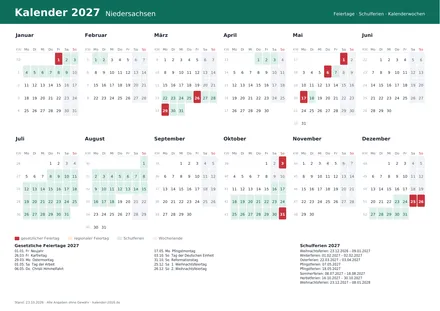 Vorschau: Kalender 2027 Niedersachsen, A4 quer als PDF zum Ausdrucken