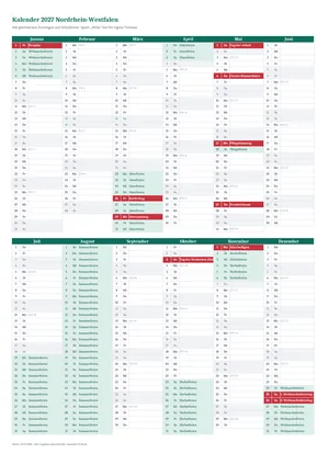 Vorschau: Kalender 2027 Nordrhein-Westfalen, A4 hoch als Excel-Vorlage