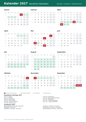 Vorschau: Kalender 2027 Nordrhein-Westfalen, A4 hoch als PDF zum Ausdrucken