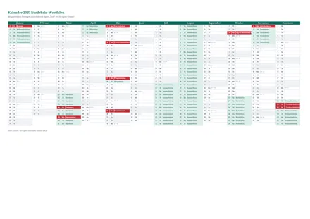 Vorschau: Kalender 2027 Nordrhein-Westfalen, A4 quer als Excel-Vorlage