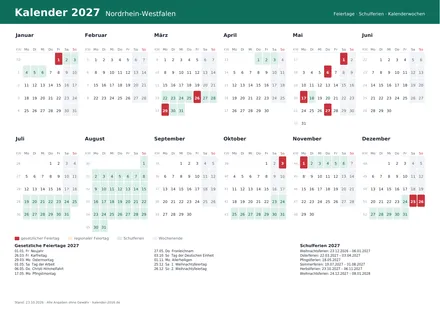 Vorschau: Kalender 2027 Nordrhein-Westfalen, A4 quer als PDF zum Ausdrucken