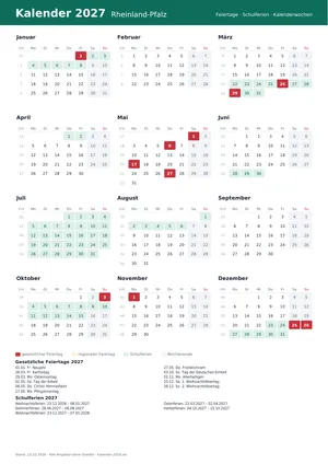 Vorschau: Kalender 2027 Rheinland-Pfalz, A4 hoch als PDF zum Ausdrucken