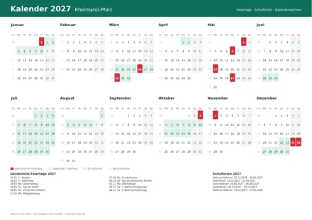 Vorschau: Kalender 2027 Rheinland-Pfalz, A4 quer als PDF zum Ausdrucken