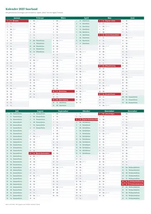 Vorschau: Kalender 2027 Saarland, A4 hoch als Excel-Vorlage