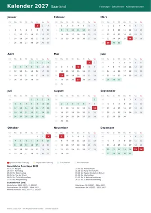 Vorschau: Kalender 2027 Saarland, A4 hoch als PDF zum Ausdrucken