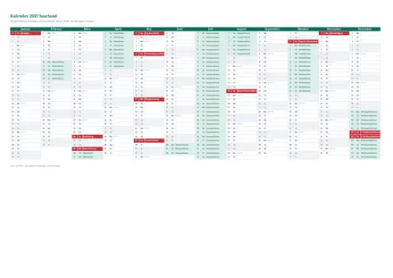 Vorschau: Kalender 2027 Saarland, A4 quer als Excel-Vorlage