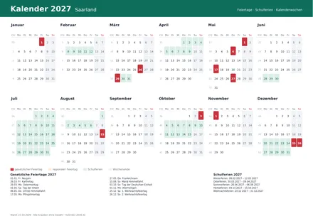 Vorschau: Kalender 2027 Saarland, A4 quer als PDF zum Ausdrucken