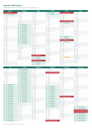 Vorschau: Kalender 2027 Sachsen, A4 hoch als Excel-Vorlage