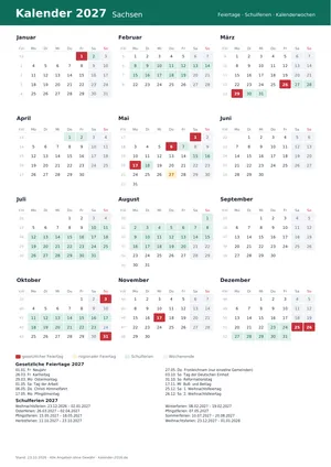 Vorschau: Kalender 2027 Sachsen, A4 hoch als PDF zum Ausdrucken