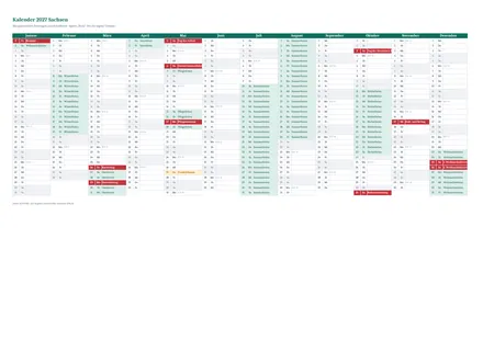 Vorschau: Kalender 2027 Sachsen, A4 quer als Excel-Vorlage