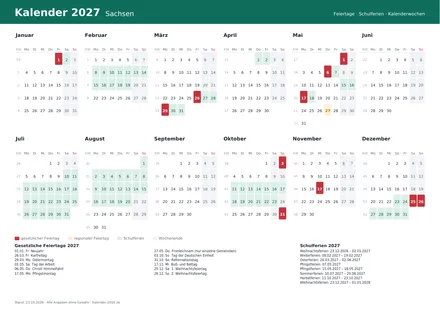 Vorschau: Kalender 2027 Sachsen, A4 quer als PDF zum Ausdrucken
