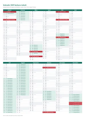 Vorschau: Kalender 2027 Sachsen-Anhalt, A4 hoch als Excel-Vorlage